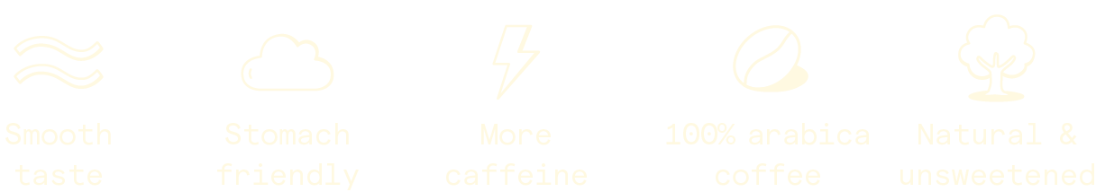 A row of five icons with text underneath, describing product benefits like 'Smooth & refreshing' and 'Stomach friendly'.