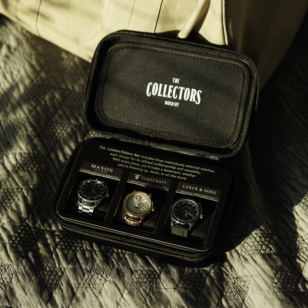 A watch set in a black case with three different watches displayed.