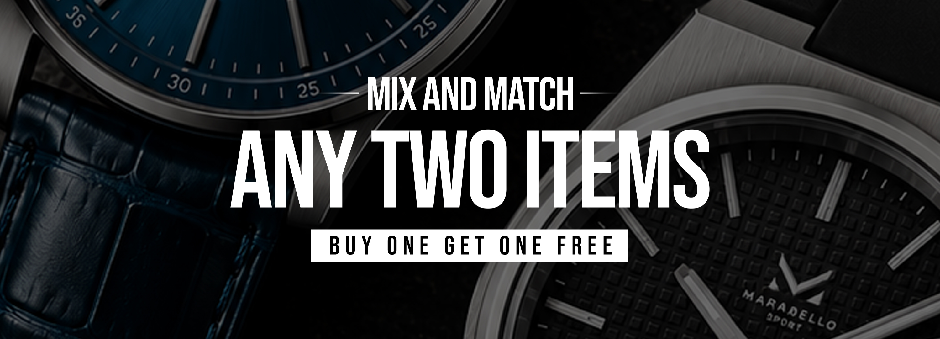 Promotional banner with close-ups of two watches and a 'Buy One Get One Free' offer.