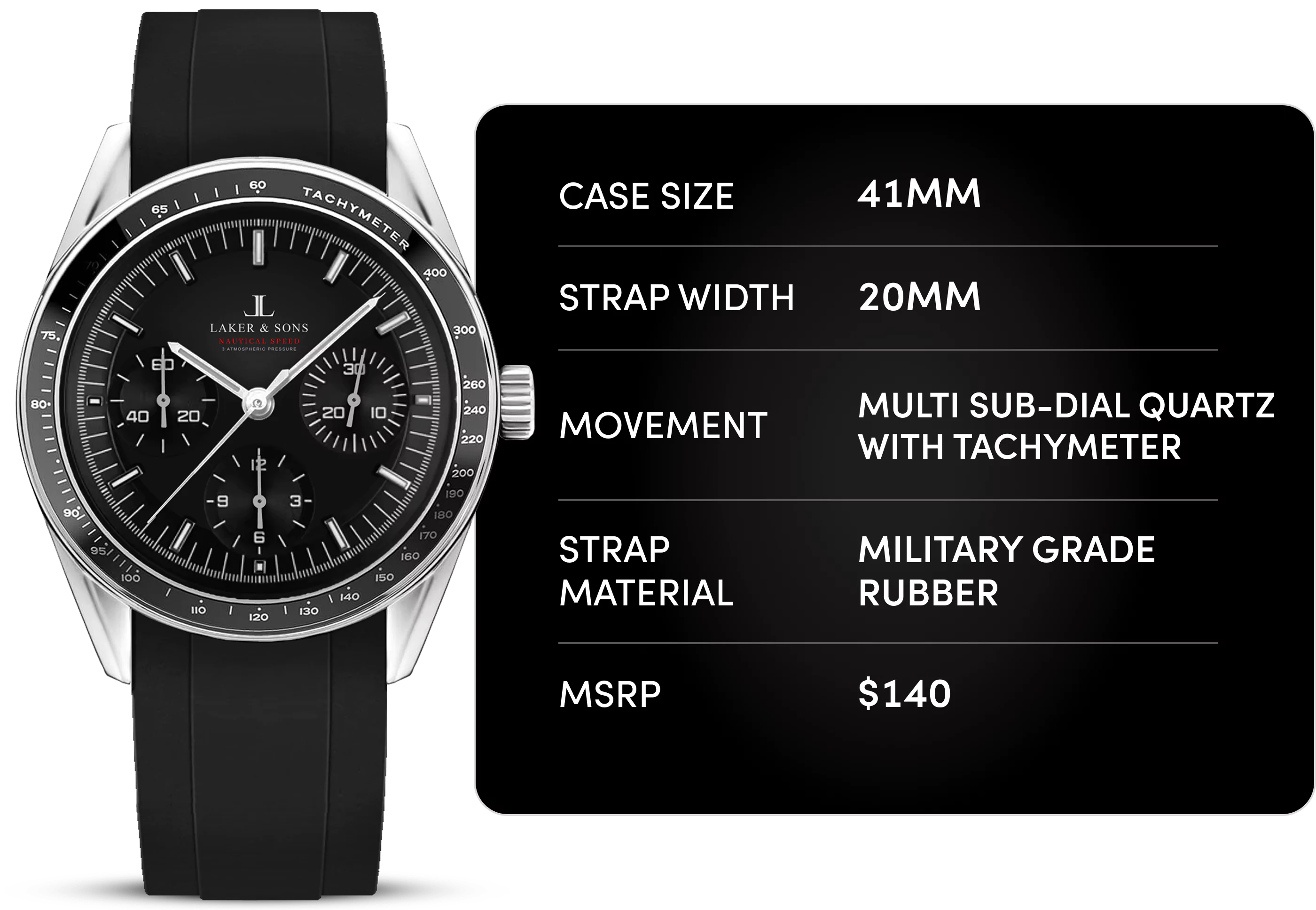Black watch with sub-dials, tachymeter, and specifications listed beside it.