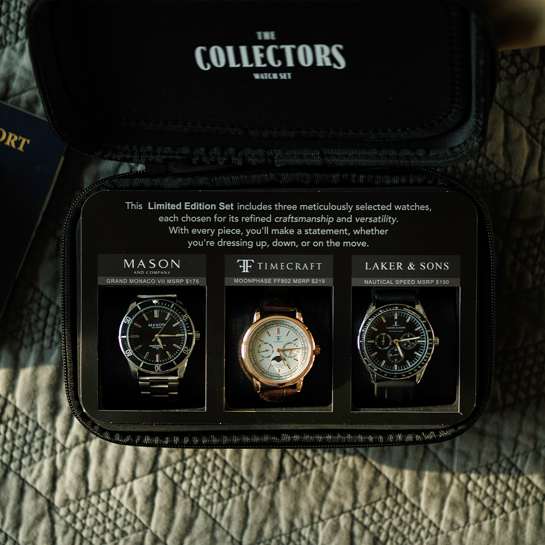 Watch set with three wristwatches titled The Collectors displayed in a black case.