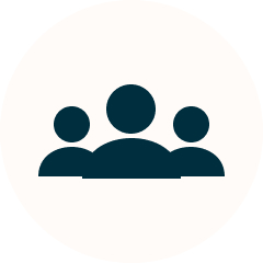 A dark teal icon of three stylized people, representing a group, inside a light-colored circle.