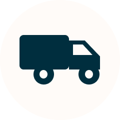 A dark blue icon of a delivery truck inside a light circle.