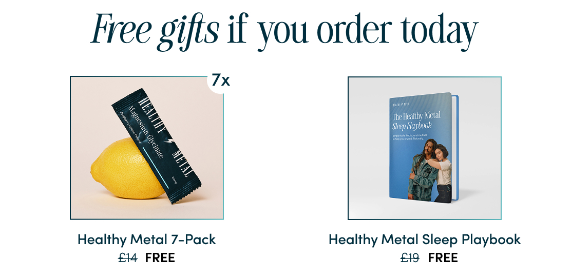 Promotional image of free gifts: magnesium pack on lemon and a sleep playbook.