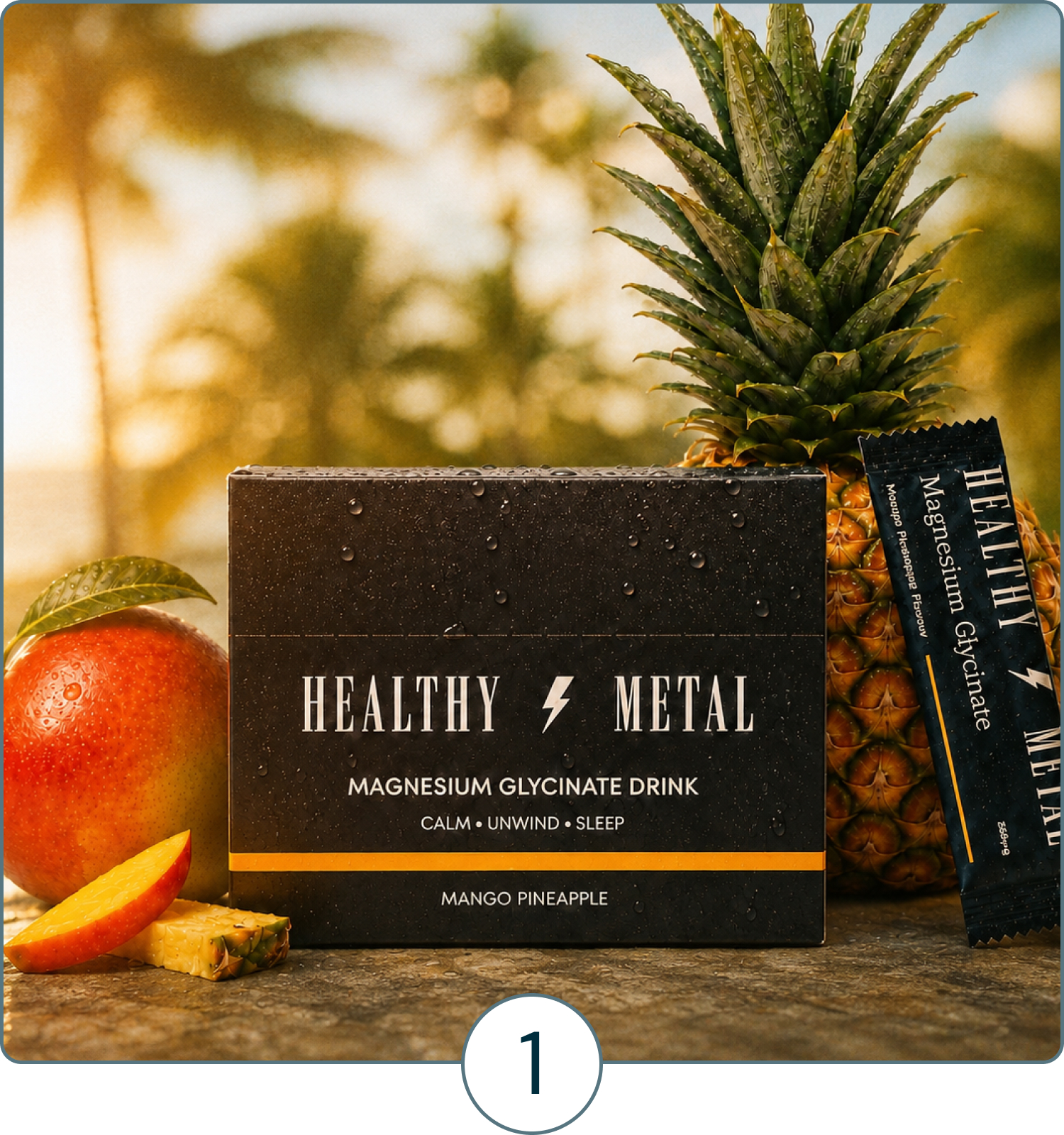 A box of Healthy Metal mango pineapple drink mix next to a fresh mango and pineapple.