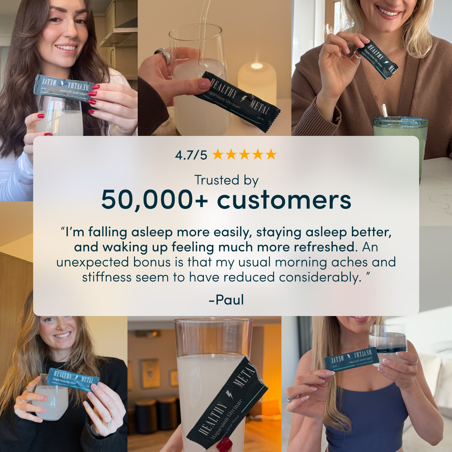 A collage showing women using a 'Healthy Metal' product, with a central text block displaying a customer testimonial.