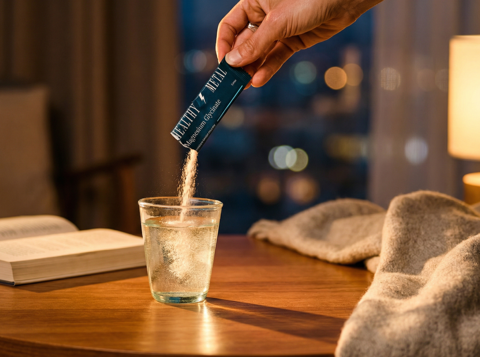A hand pours powder from a sachet into a glass of water on a wooden table at night.