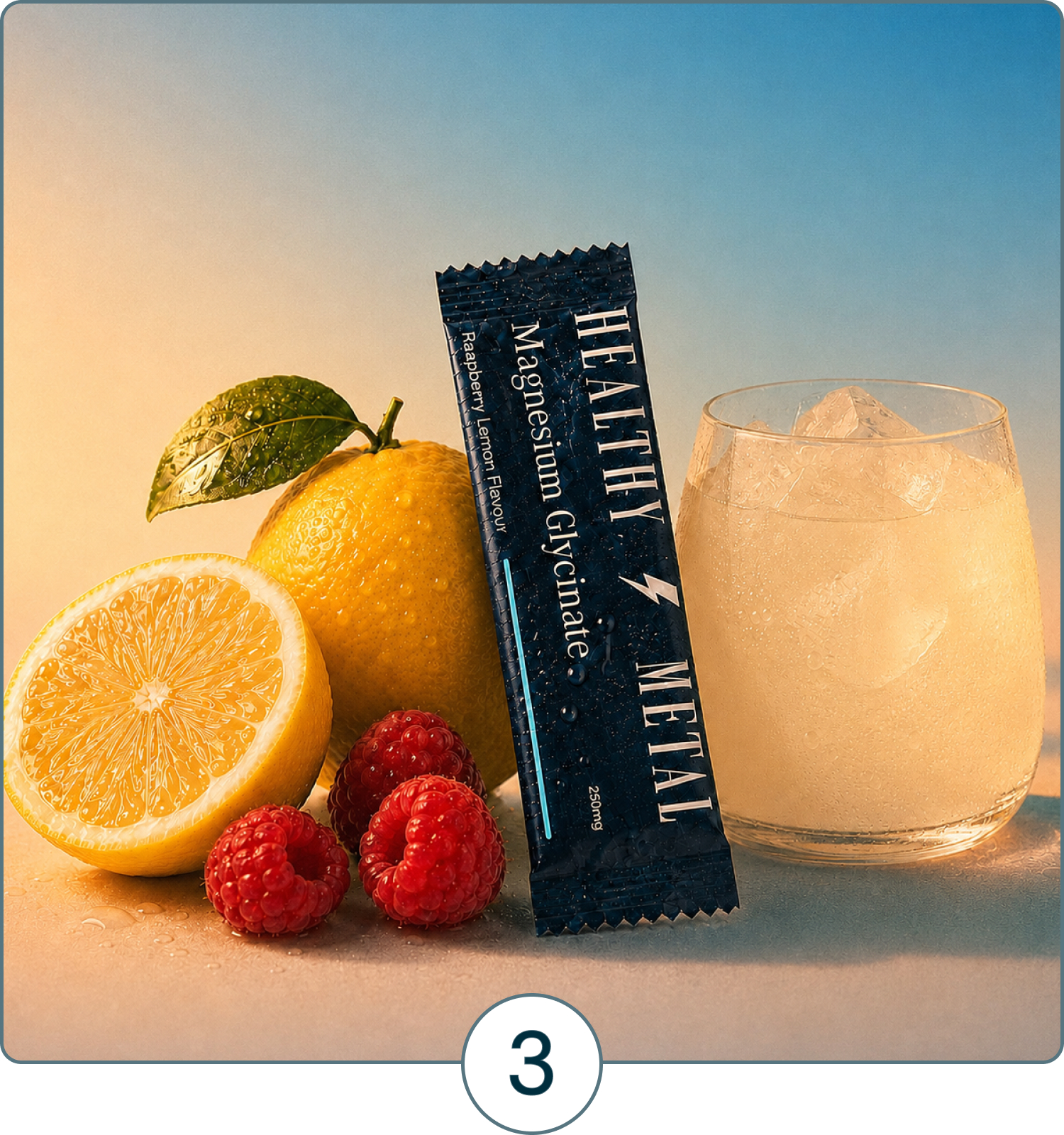A packet of Healthy Metal supplement sits with fresh lemons, raspberries, and a glass of iced lemonade.