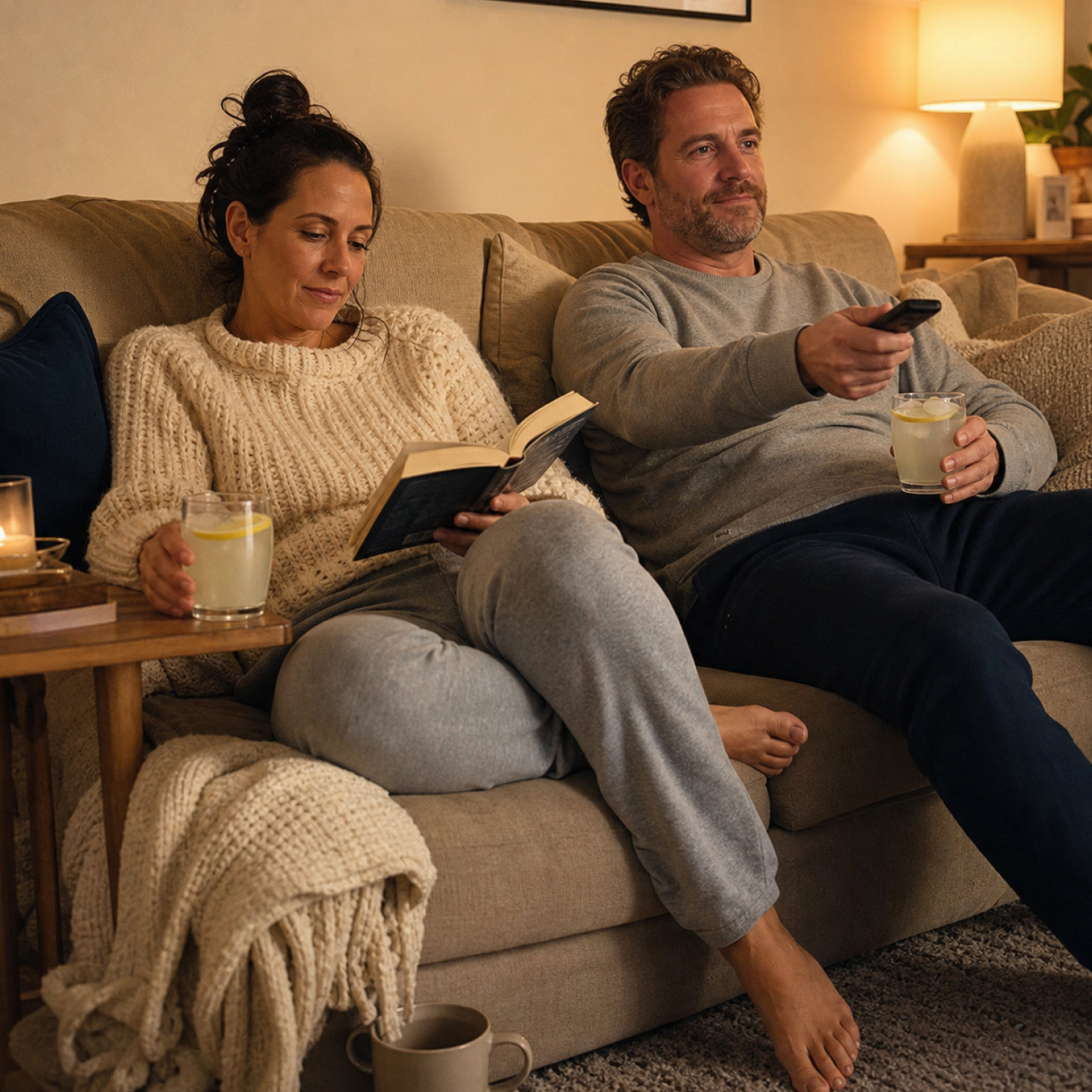 A woman reads a book on a couch while a man beside her holds a remote control.