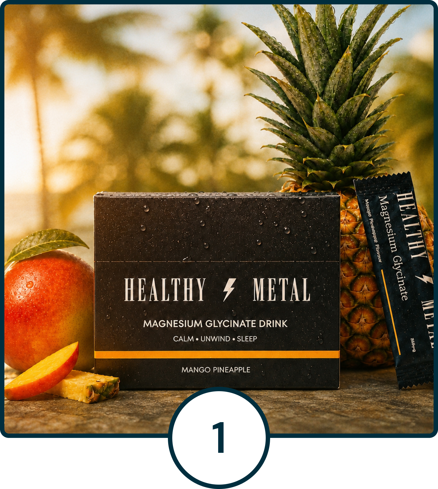 A box of Healthy Metal mango pineapple drink mix next to a fresh mango and pineapple.