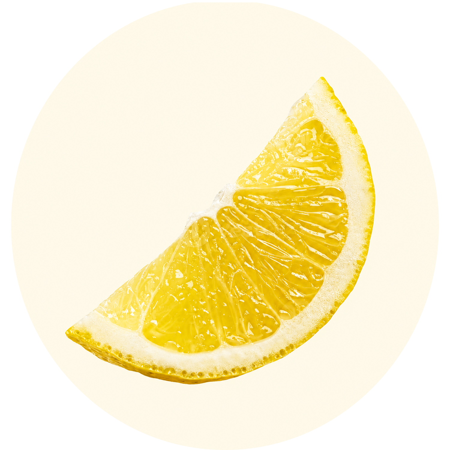 A juicy wedge of a lemon set against a pale yellow circular background.