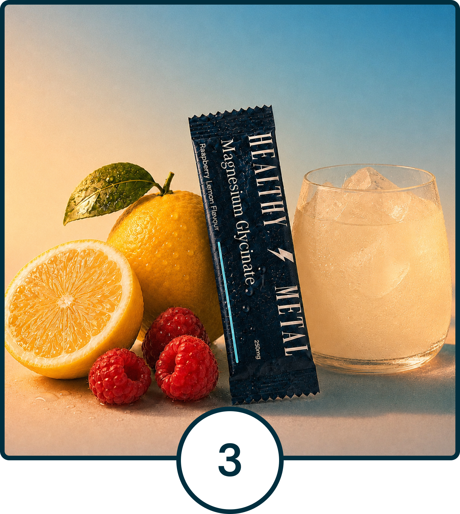 A packet of Healthy Metal supplement sits with fresh lemons, raspberries, and a glass of iced lemonade.