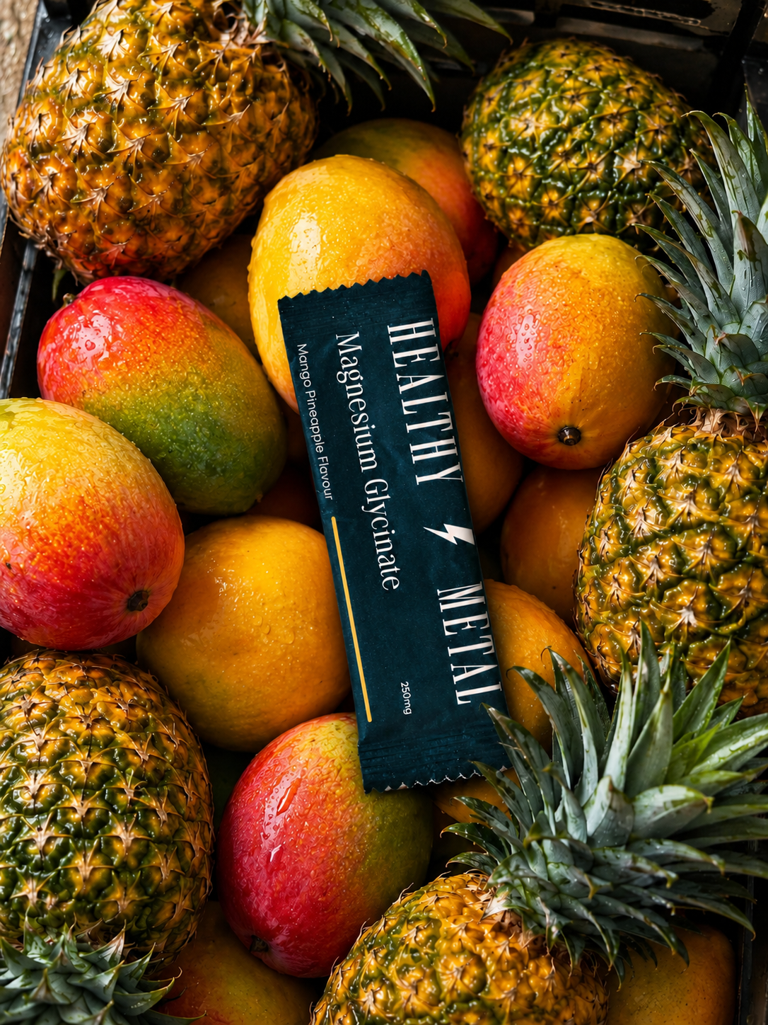 A Healthy Metal Magnesium Glycinate packet rests on a pile of fresh, wet mangoes and pineapples.