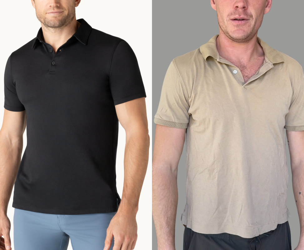 Two men wearing polo shirts, one black and one beige, against plain backgrounds.