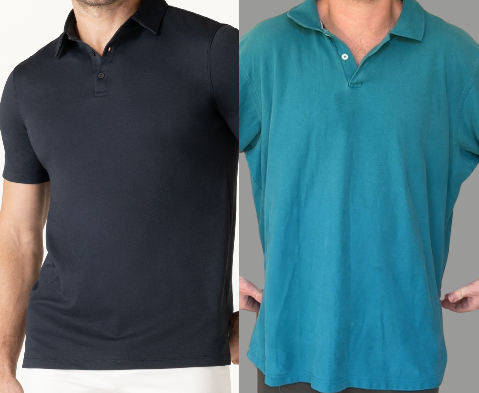 Two men wearing different colored polo shirts, one black and one teal.
