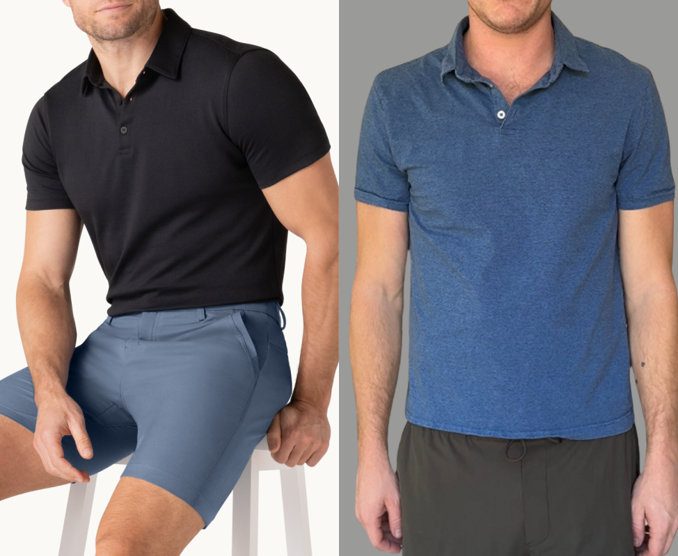 Two men wearing polo shirts, one in black and one in blue, against different backgrounds.