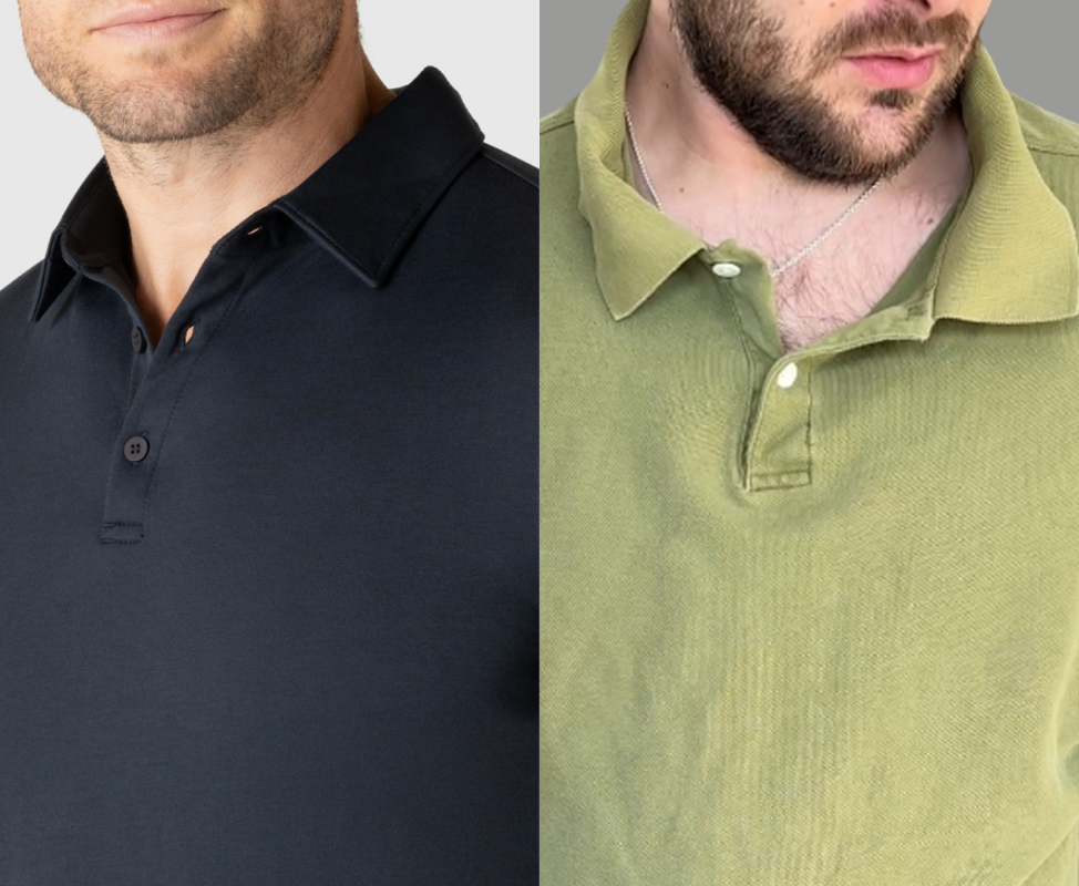 Two men wearing black and green collared shirts, side by side.