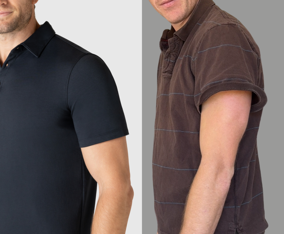 Two men wearing different colored polo shirts, one black and one brown.