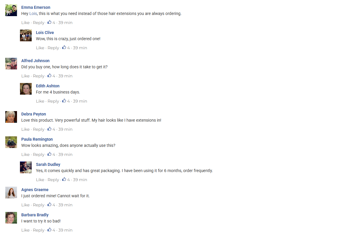 Screenshot of a Facebook comment thread discussing a hair product.