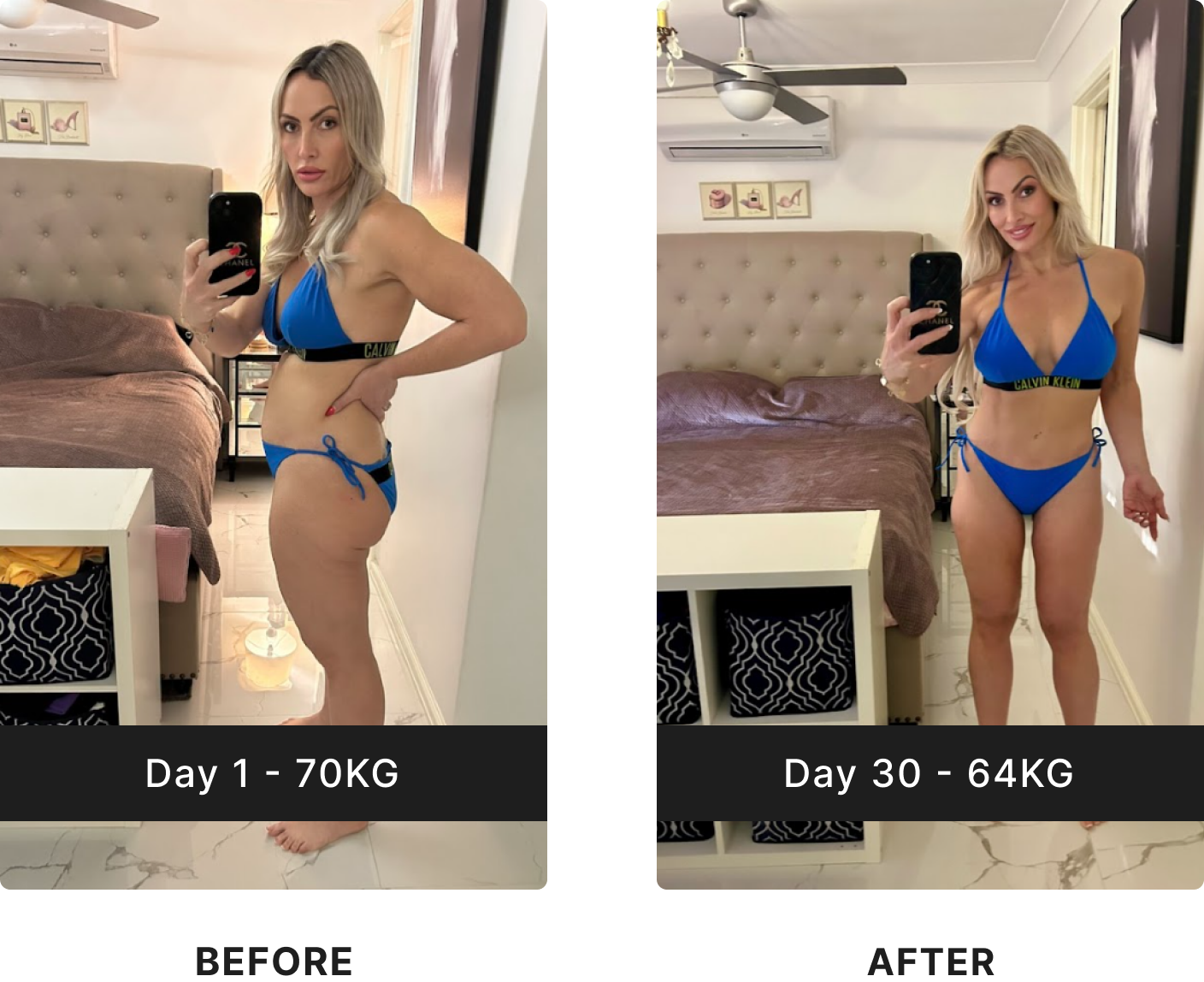 Two side-by-side mirror selfies showing weight loss progress over 30 days.