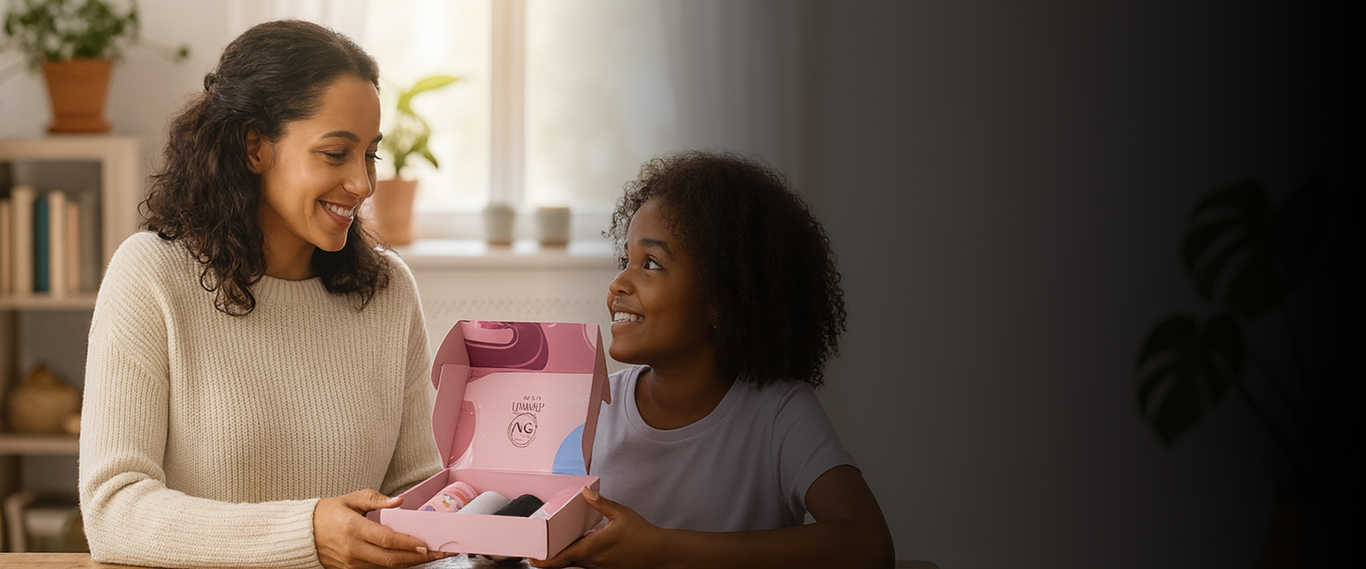 Two people smiling while opening a pink gift box.
