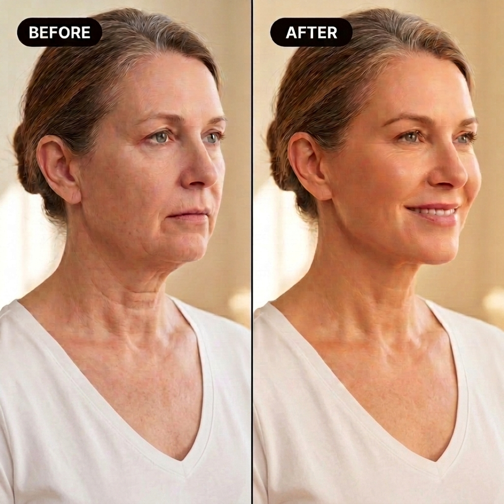 A before and after image showing a woman's face and neck with a visible reduction in wrinkles.