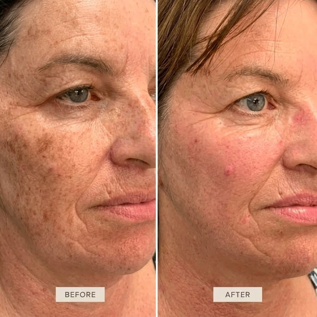 A before and after comparison of a woman's face showing a reduction in hyperpigmentation and fine lines.