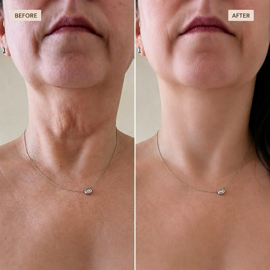 A before-and-after comparison showing a woman's neck and jaw, with wrinkles visibly reduced in the after photo.