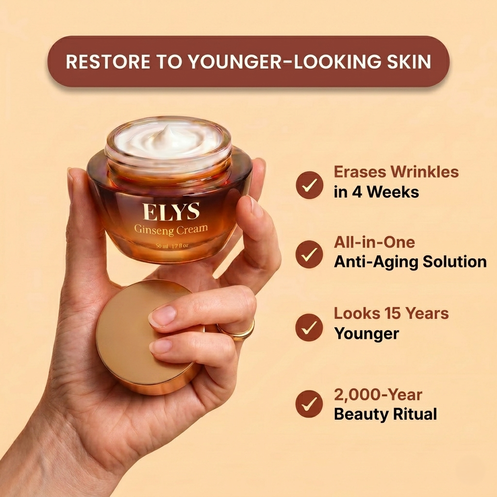 An advertisement for ELYS Ginseng Cream showing a hand holding the product and listing its anti-aging benefits.