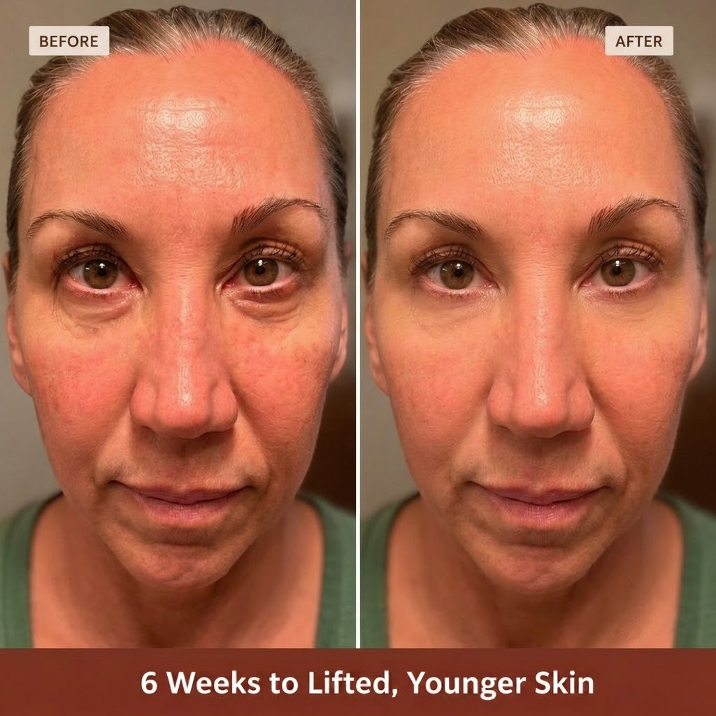 A side-by-side comparison of a woman's face labeled 'Before' and 'After', showing a reduction in skin redness.