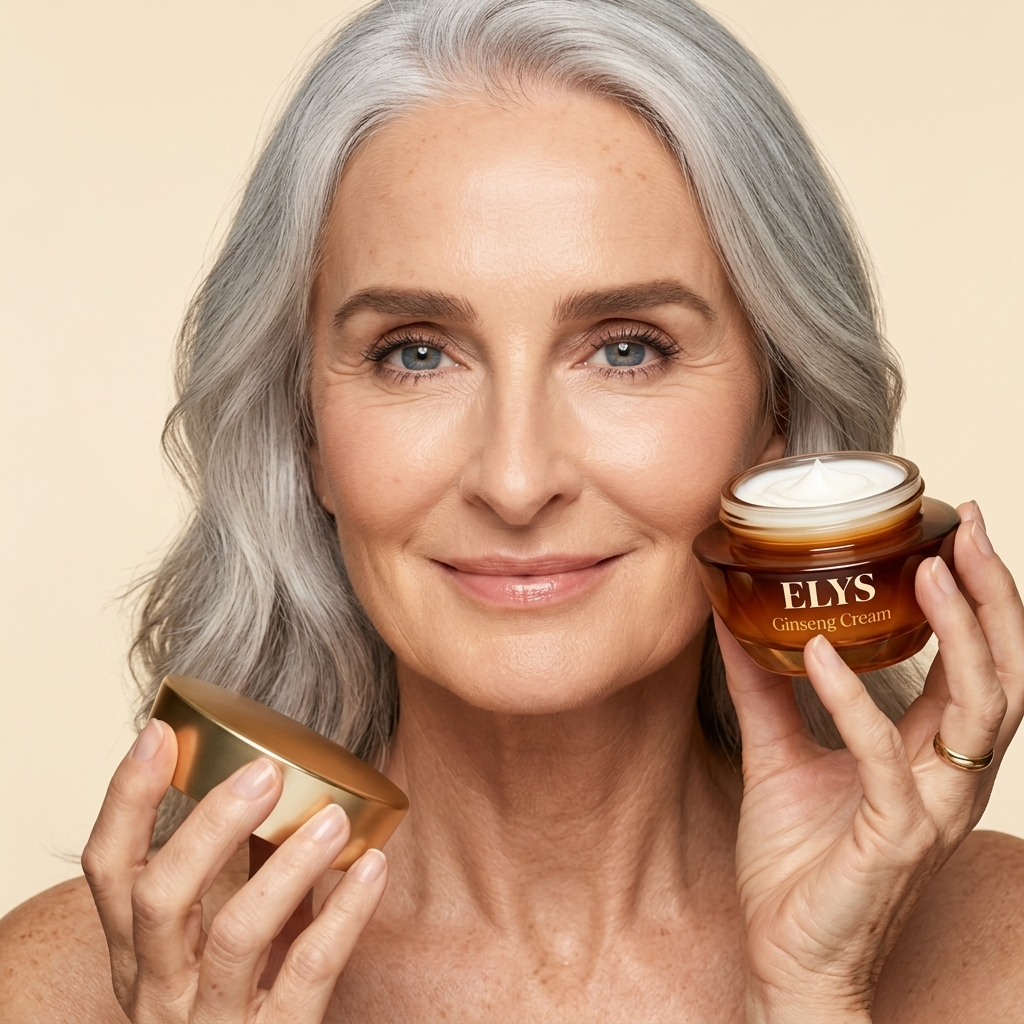 A woman with grey hair smiles while holding an open jar of ELYS Ginseng Cream and its gold lid.