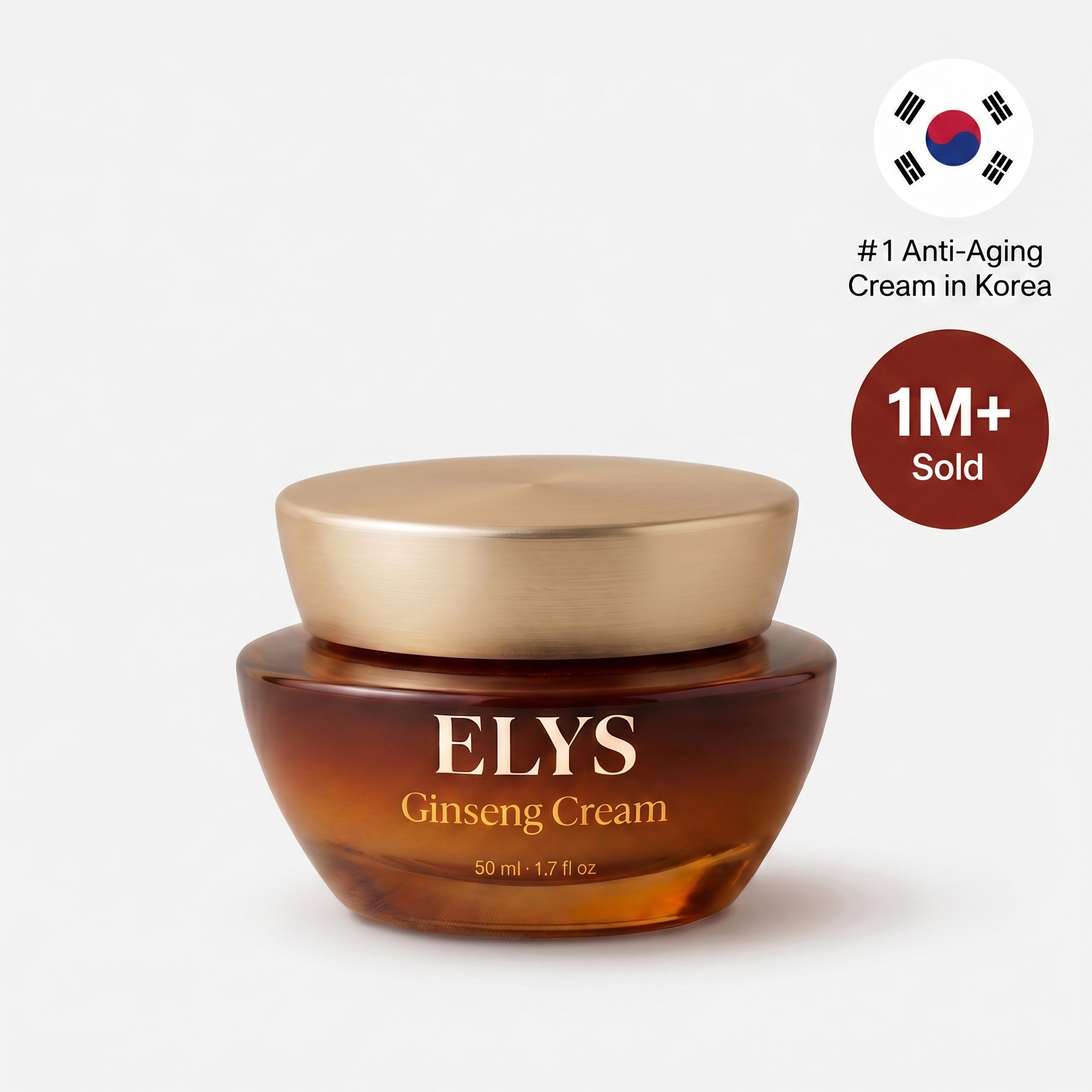 An amber-colored jar of ELYS Ginseng Cream with a gold lid against a white background.