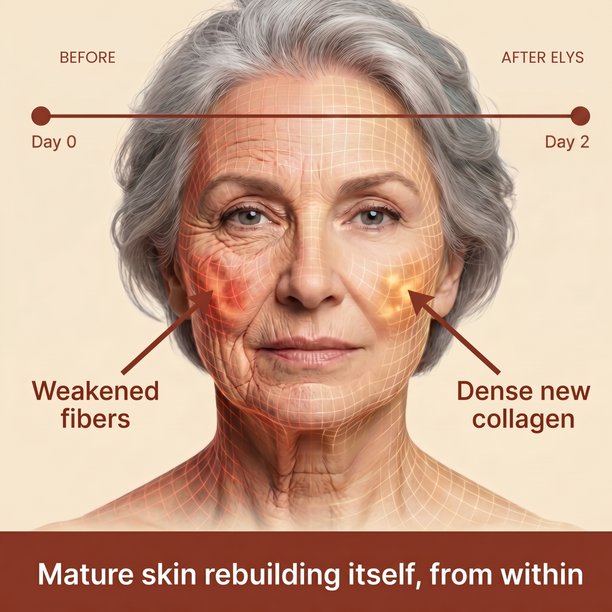 A before-and-after diagram of a woman's face showing reduction in wrinkles and increased collagen.