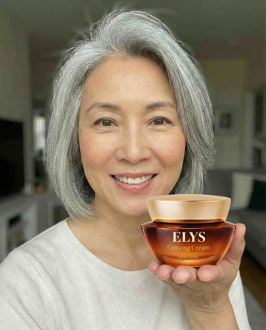 A smiling woman with grey hair holds up a jar of ELYS Ginseng Cream.