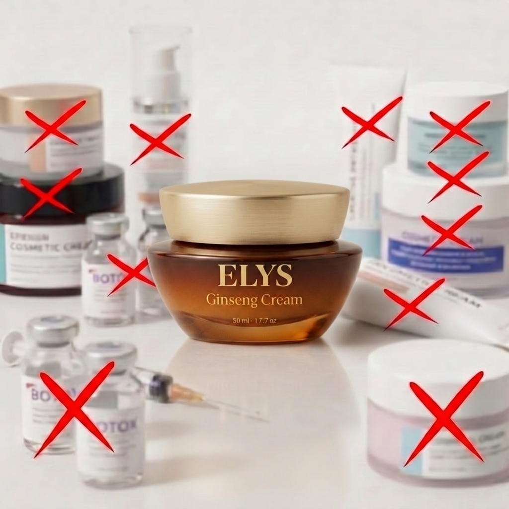 A jar of ELYS Ginseng Cream is in focus, while other skincare products are crossed out behind it.