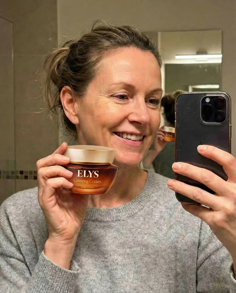 A woman smiles while taking a mirror selfie, holding a jar of ELYS Ginseng Cream.