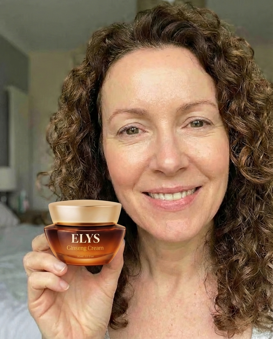 A smiling woman with curly hair holds a jar of Elys Ginseng Cream.
