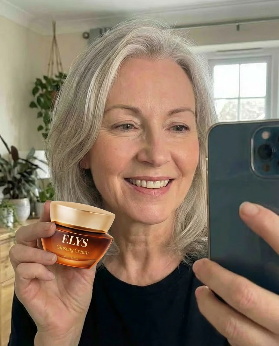 A smiling woman with grey hair takes a selfie while holding a jar of ELYS Ginseng Cream.