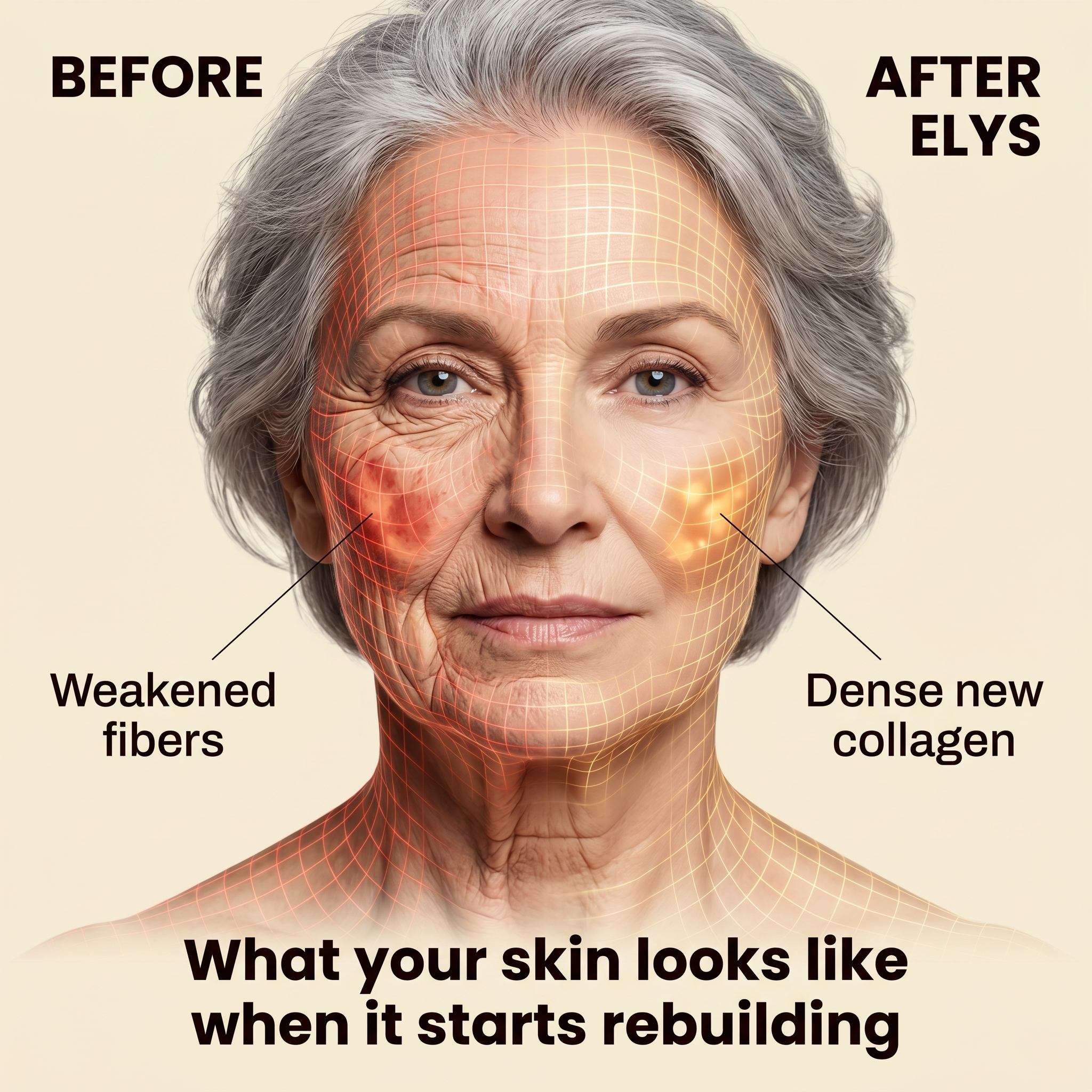 A before-and-after diagram of a woman's face showing reduction in wrinkles and increased collagen.