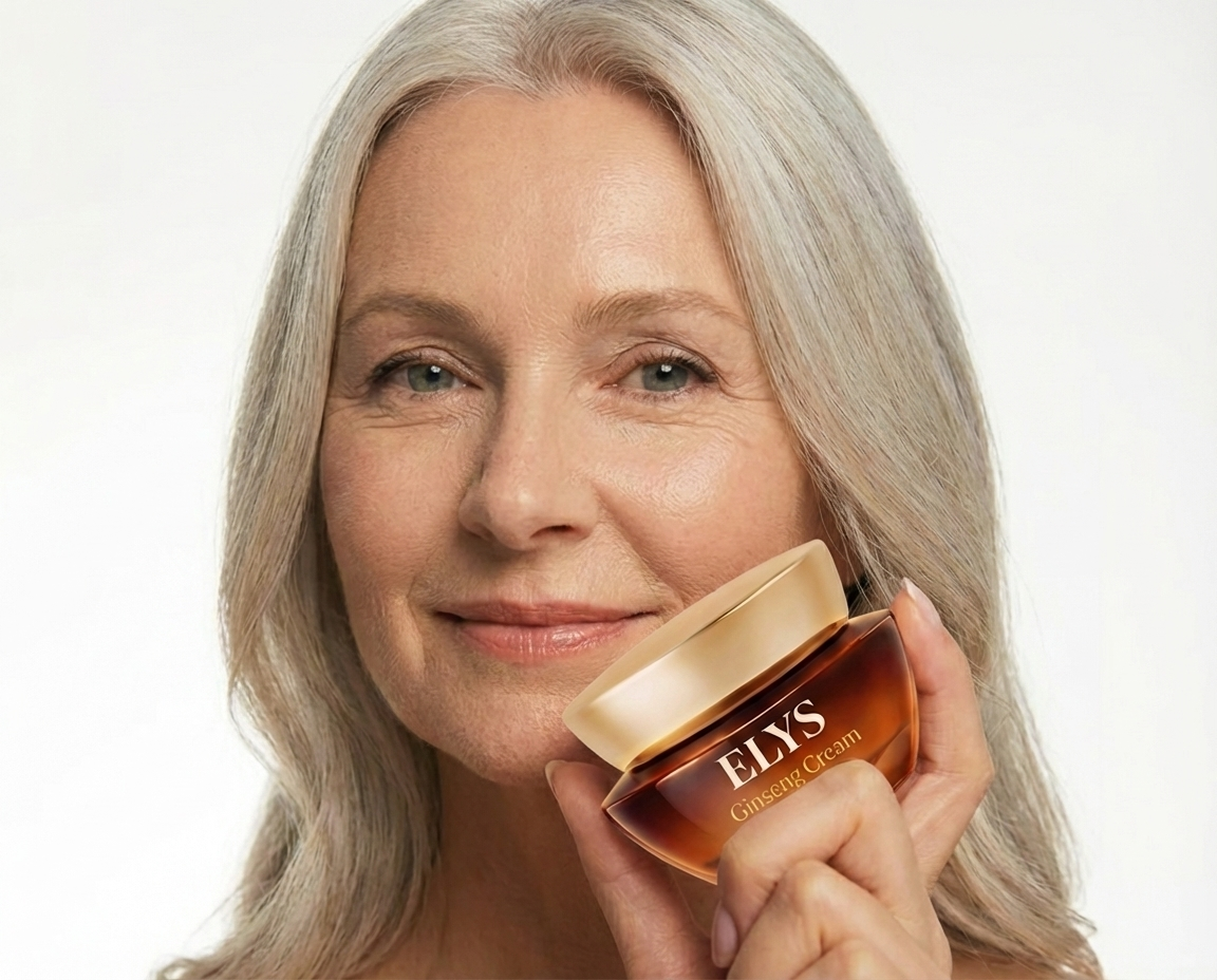 A woman with gray hair smiles while holding a jar of Elys Ginseng Cream next to her face.