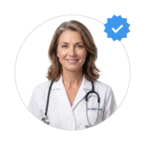 A smiling female doctor in a white lab coat with a stethoscope and a blue verified checkmark.