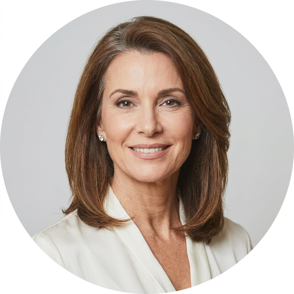 A circular headshot of a smiling woman with brown, shoulder-length hair wearing a white blouse and diamond earrings.