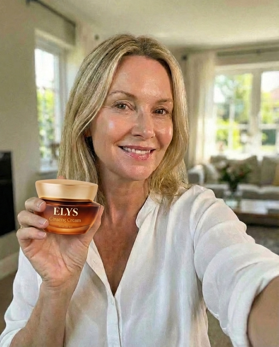 A smiling blonde woman in a white shirt holds up a jar of Elys Ginseng Cream.