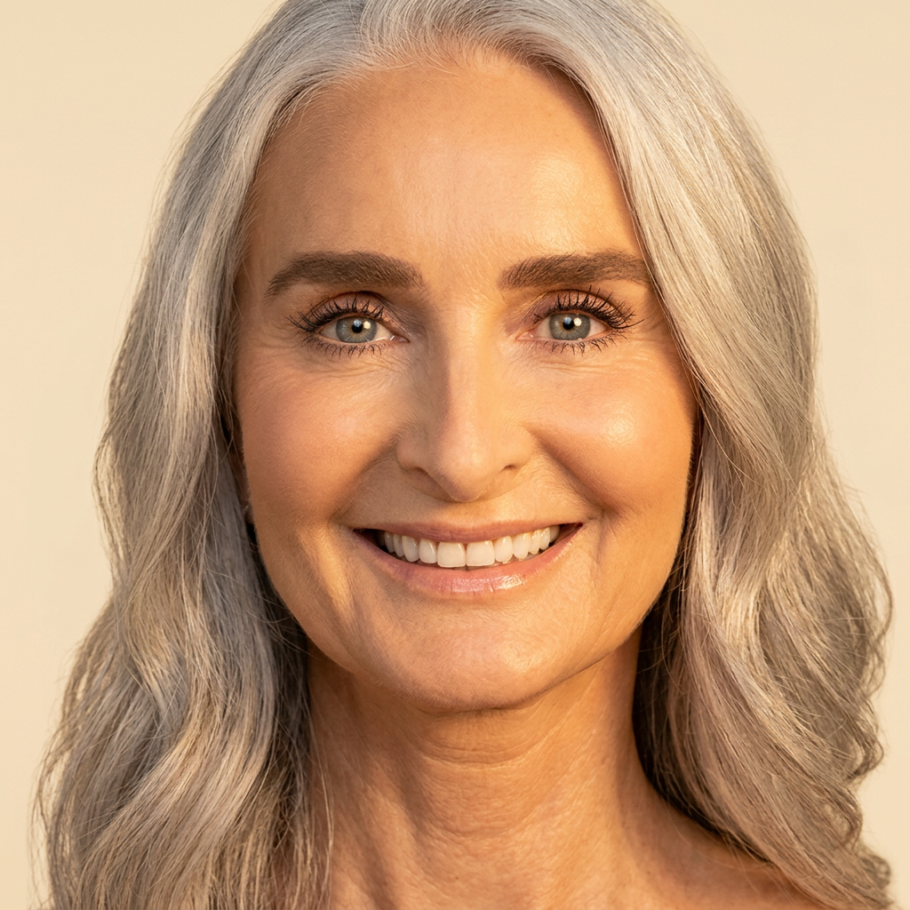 A close-up portrait of a smiling woman with long, wavy silver hair.