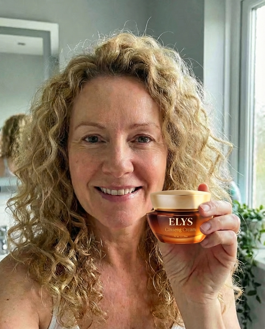 A smiling woman with curly blonde hair holds up a small jar of ELYS Ginseng Cream.