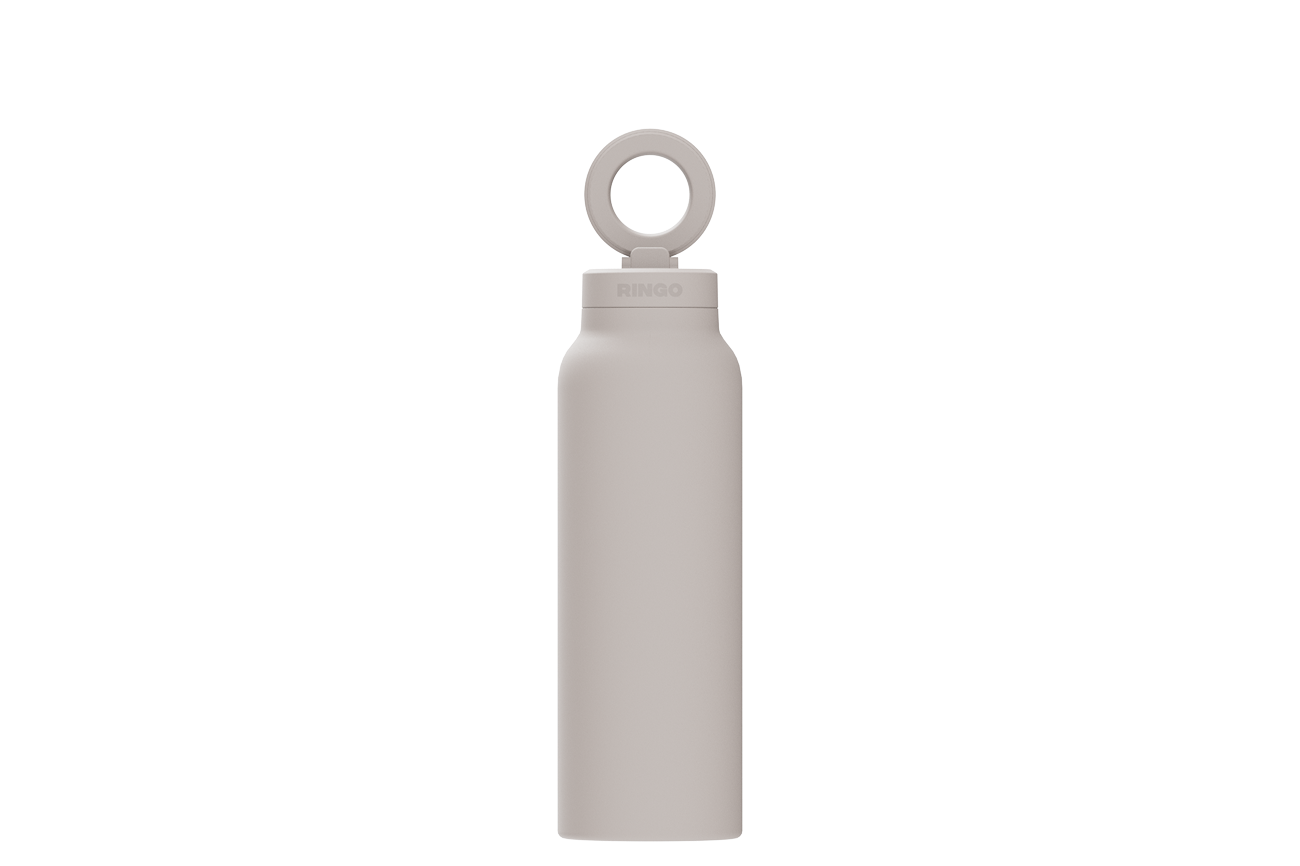 Smartphone attached to a water bottle with a grip holder.
