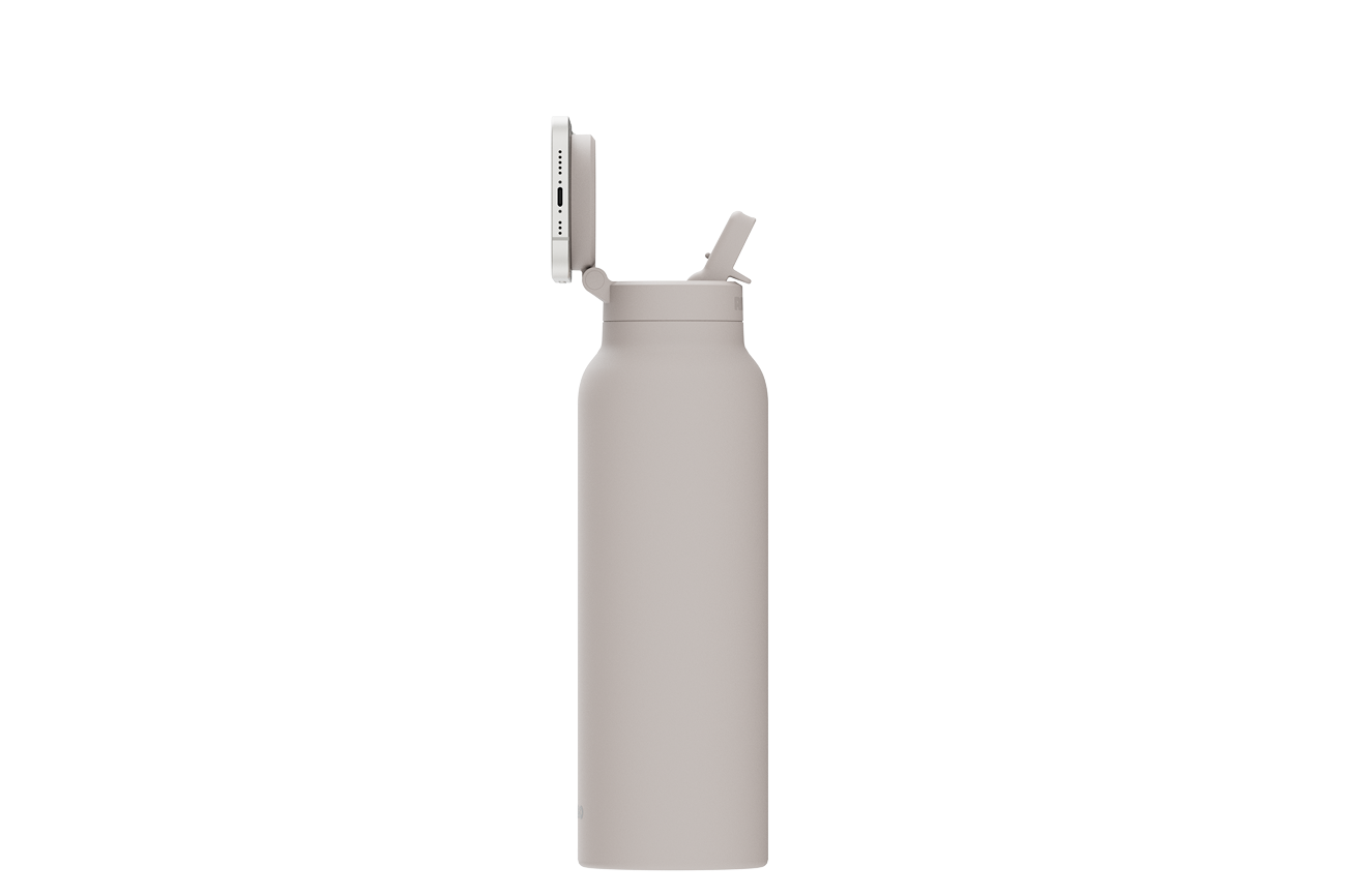 Smartphone attached to a water bottle with a grip holder.