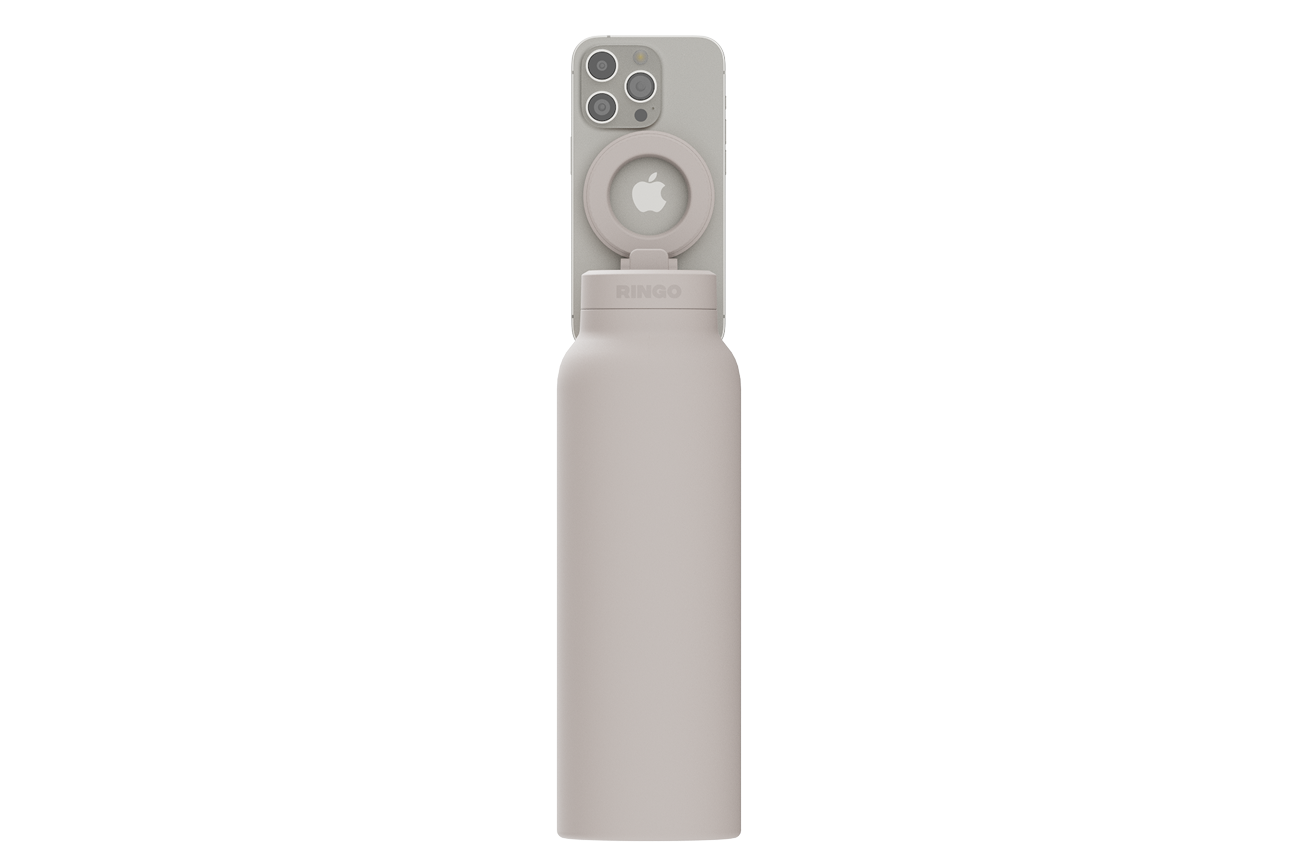 Smartphone attached to a water bottle with a grip holder.