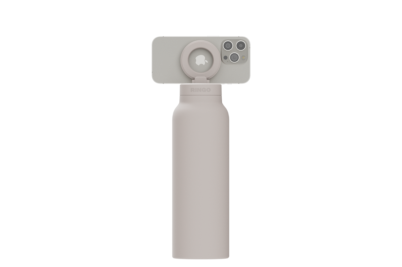 Smartphone attached to a water bottle with a grip holder.