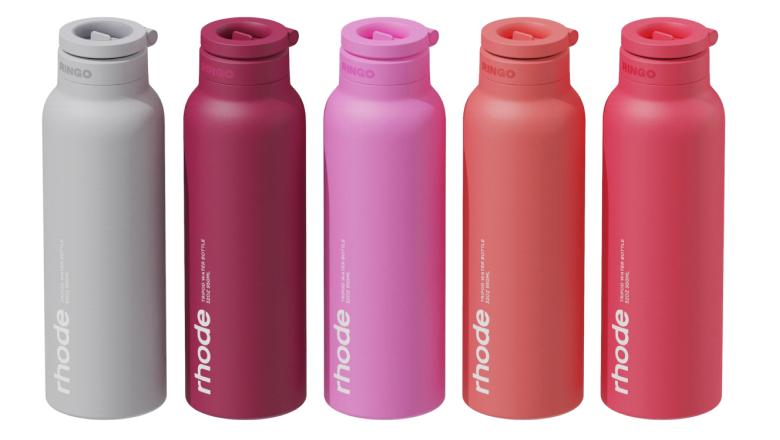 Five reusable water bottles in a row, in shades of grey, magenta, pink and red.